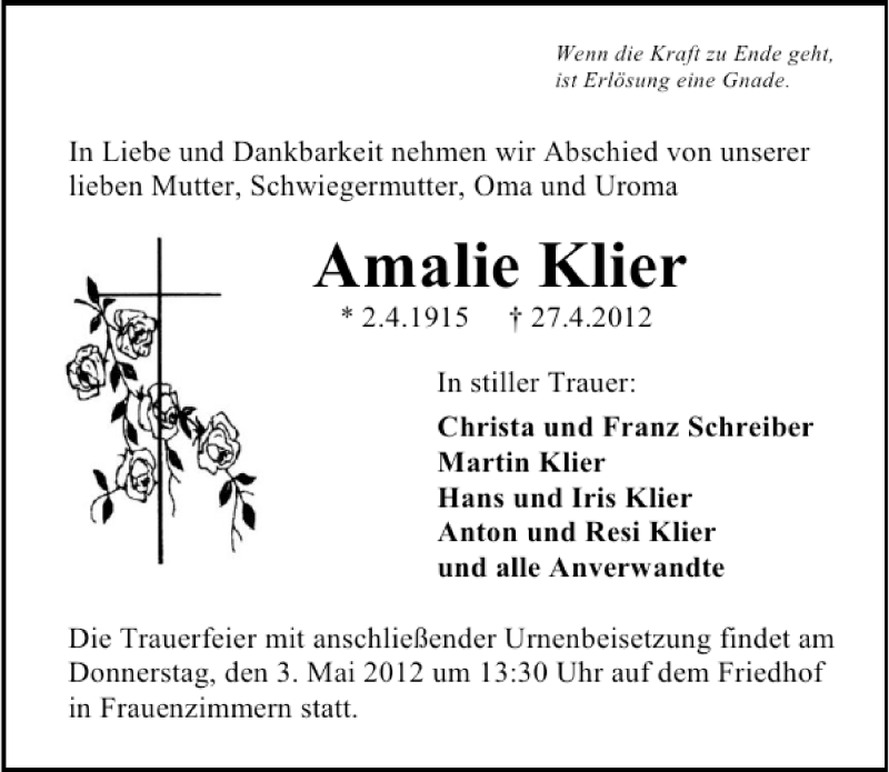  Traueranzeige für Amalie Klier vom 30.04.2012 aus 
