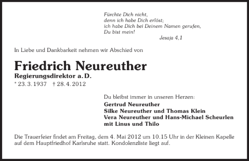  Traueranzeige für Friedrich Neureuther vom 02.05.2012 aus 