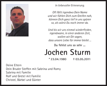 Traueranzeige von Jochen Sturm 