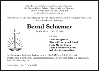 Traueranzeige von Bernd Schiemer 