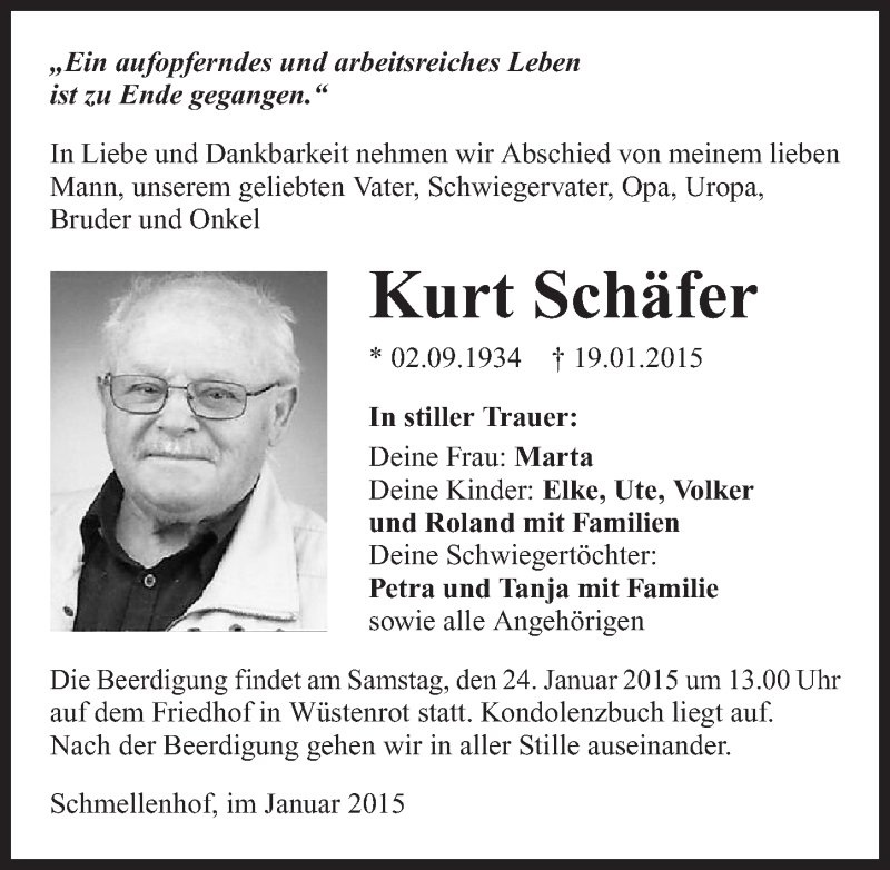  Traueranzeige für Kurt Schäfer vom 21.01.2015 aus 