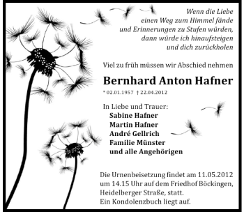 Traueranzeige von Bernhard Anton Hafner 