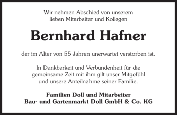 Traueranzeige von Bernhard Hafner 