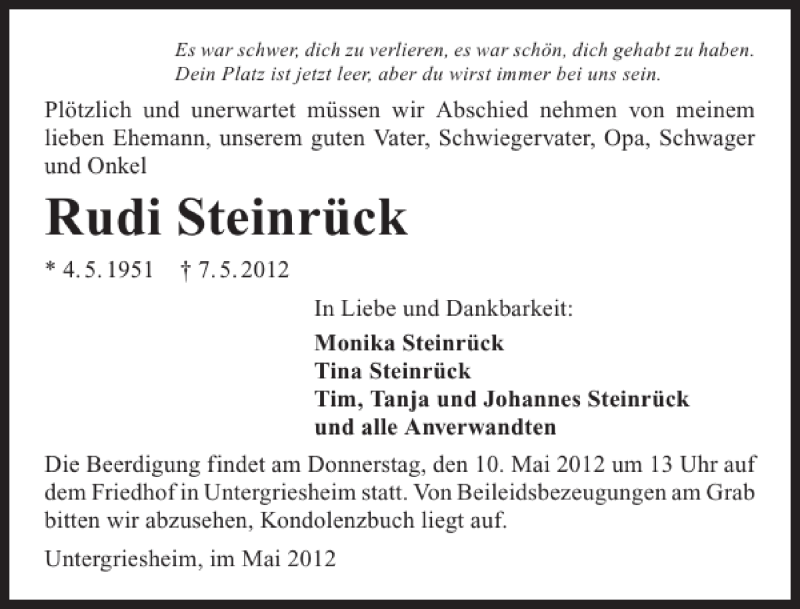  Traueranzeige für Rudi Steinrück vom 08.05.2012 aus 