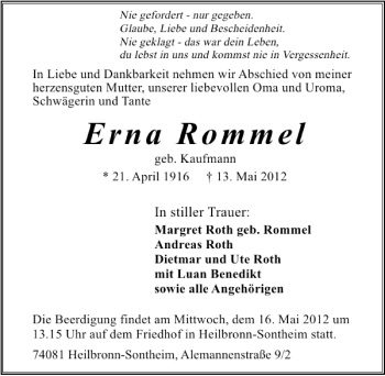 Traueranzeige von Erna Rommel 
