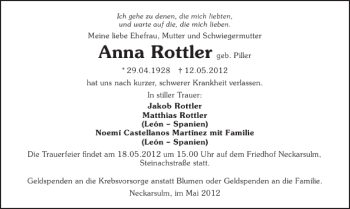 Traueranzeige von Rottler Anna 