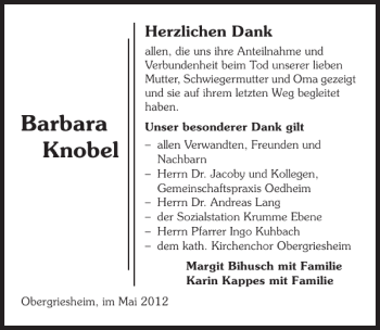 Traueranzeige von Barbara Knobel 