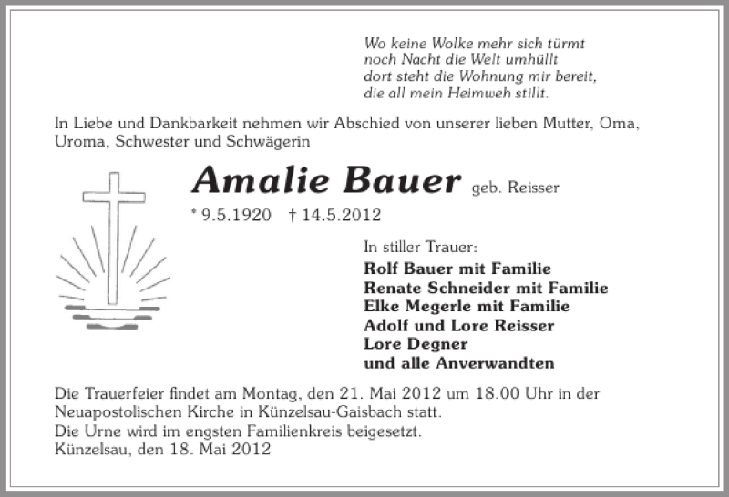  Traueranzeige für Amalie Bauer vom 18.05.2012 aus 