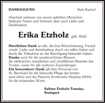 Traueranzeige von Erika Etzholz 