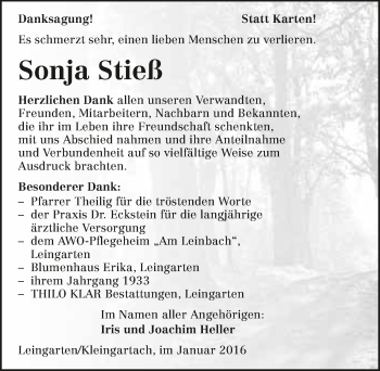 Traueranzeige von Sonja Stieß 