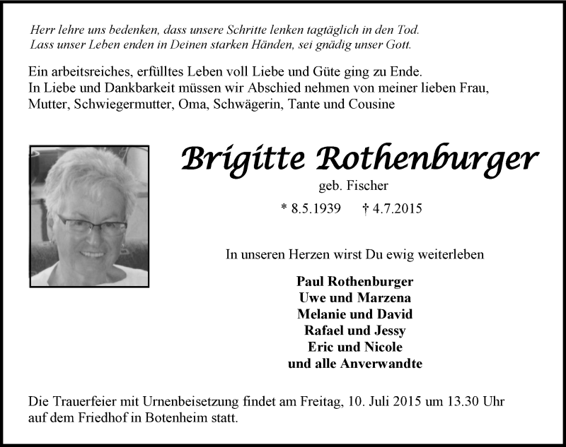  Traueranzeige für Brigitte Rothenburger vom 07.07.2015 aus 