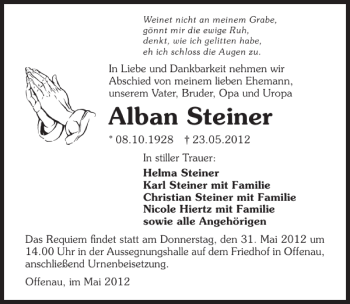 Traueranzeige von Alban Steiner 