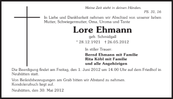 Traueranzeige von Lore Ehmann 