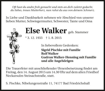 Traueranzeige von Else Walker 