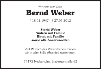 Traueranzeige von Bernd Weber 