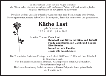 Traueranzeige von Käthe Last 