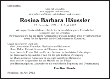 Traueranzeige von Rosina Barbara Häussler 