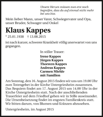 Traueranzeige von Klaus Kappes 