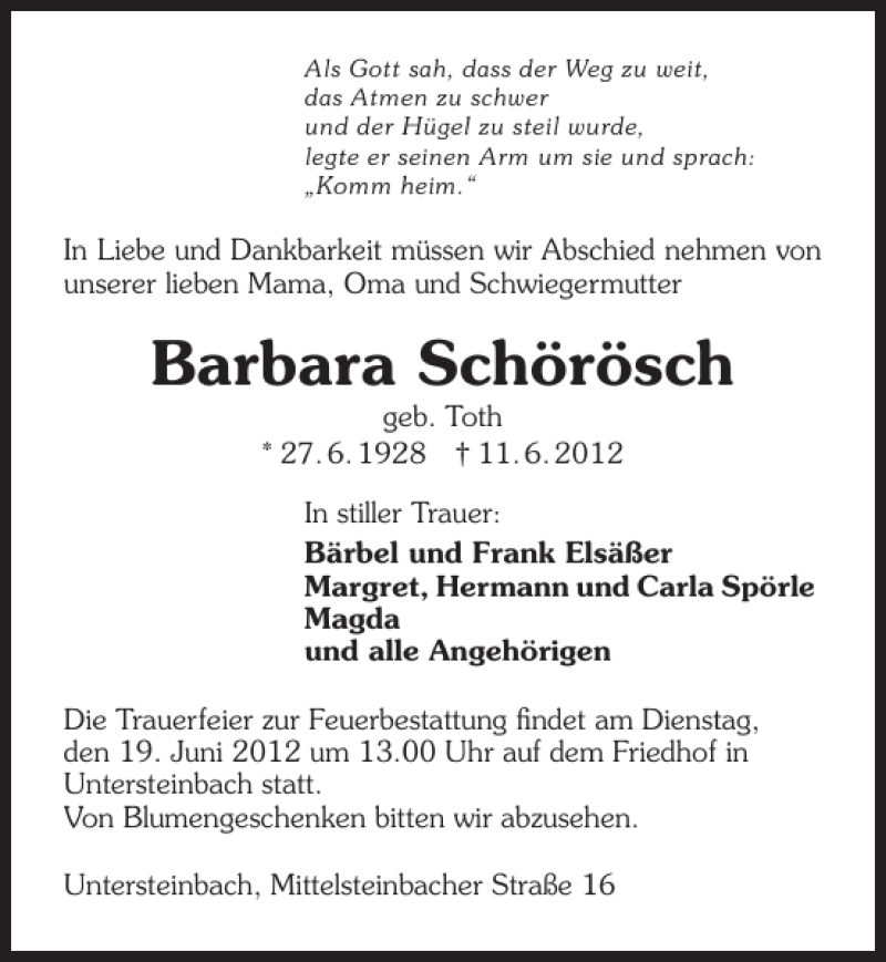  Traueranzeige für Barbara Schörösch vom 14.06.2012 aus 