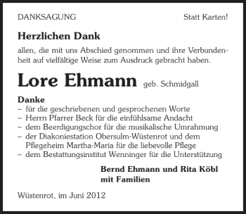 Traueranzeige von Lore Ehmann 