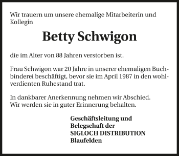 Traueranzeige von Betty Schwigon 