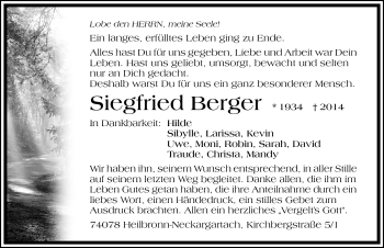 Traueranzeige von Siegfried Berger 