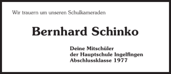 Traueranzeige von Bernhard Schinko 