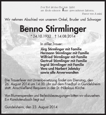 Traueranzeige von Benno Stirmlinger 