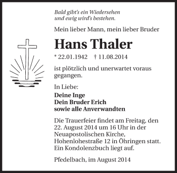 Traueranzeige von Hans Thaler 