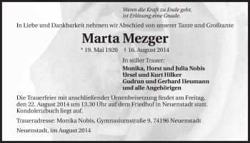 Traueranzeige von Marta Mezger 