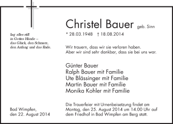 Traueranzeige von Christel Bauer 