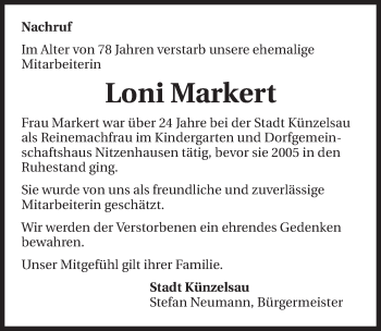 Traueranzeige von Loni Markert 