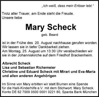 Traueranzeige von Mary Scheck 