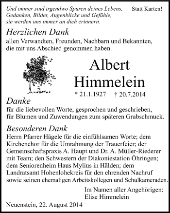 Traueranzeige von Albert Himmelein 