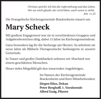 Traueranzeige von Mary Scheck 