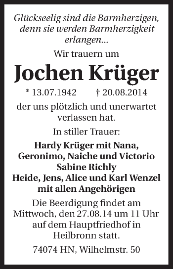 Traueranzeige von Jochen Krüger 