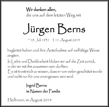 Traueranzeige von Jürgen Berns 