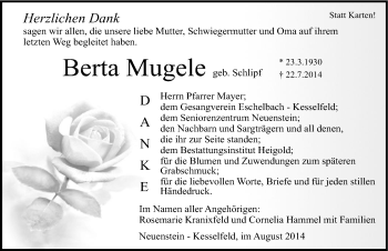 Traueranzeige von Berta Mugele 