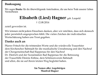 Traueranzeige von Elisabeth Hagner 