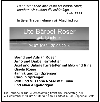 Traueranzeige von Ute Bärbel Roser 