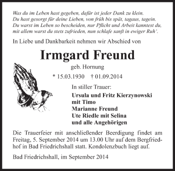 Traueranzeige von Irmgard Freund 