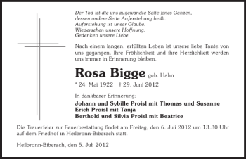 Traueranzeige von Rosa Bigge 