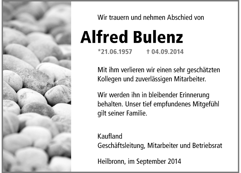  Traueranzeige für Alfred Bulenz vom 06.09.2014 aus 
