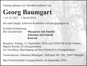 Traueranzeige von Georg Baumgart 