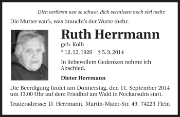 Traueranzeige von Ruth Herrmann 