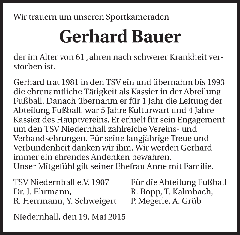  Traueranzeige für Gerhard Bauer vom 20.05.2015 aus 