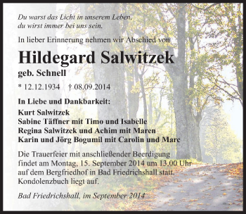 Traueranzeige von Hildegard Salwitzek 