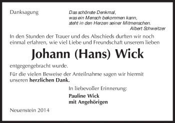 Traueranzeige von Johann Wick 