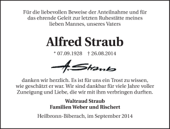 Traueranzeige von Alfred Straub 