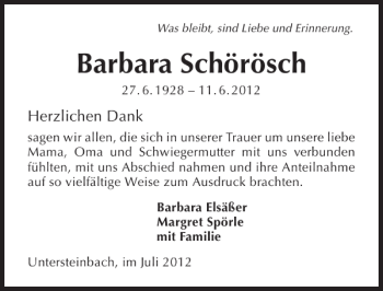 Traueranzeige von Barbara Schörösch 